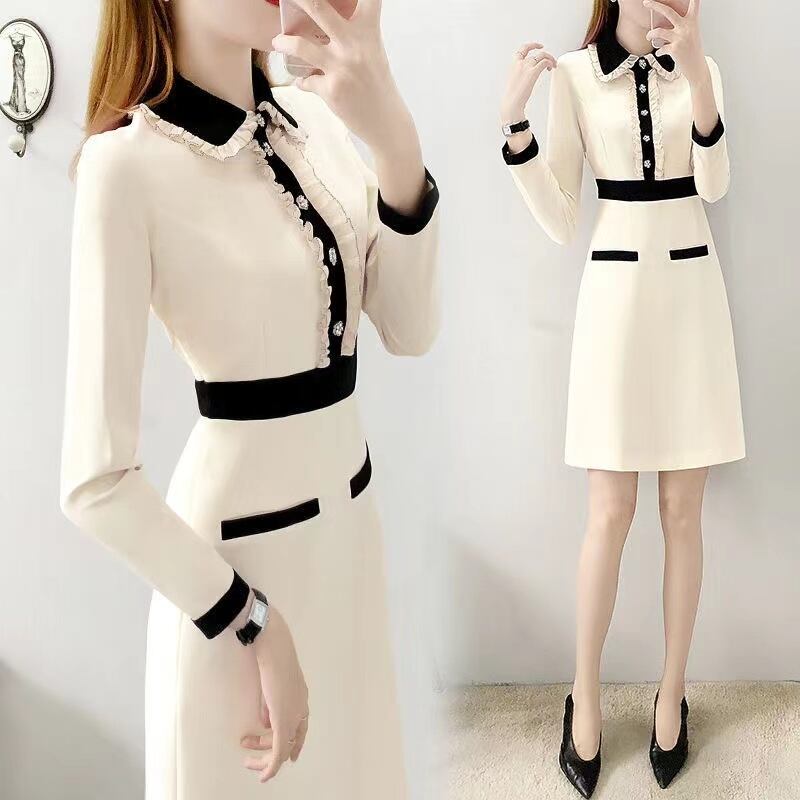 【dress】ポロカラー長袖体型カバーおしゃれ配色AラインワンピースF1339