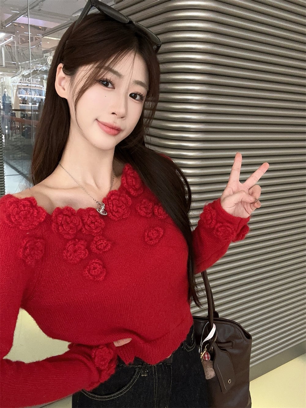 【tops】フラワーモチーフニットセーター　M26116