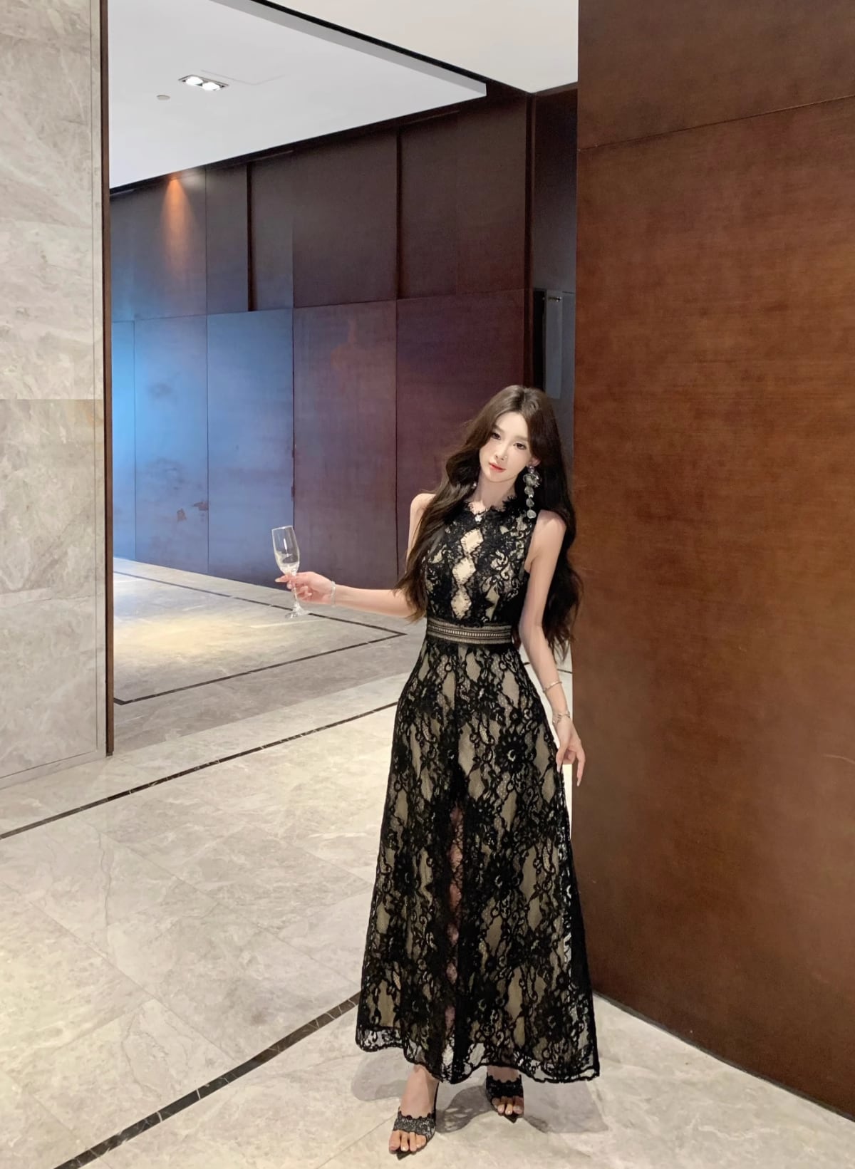 【dress】バックオープンスリットレースワンピース　M32516