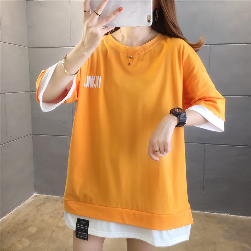 【tops】ラウンドネック半袖カジュアル偽二つ切り替え配色着まわしTシャツ