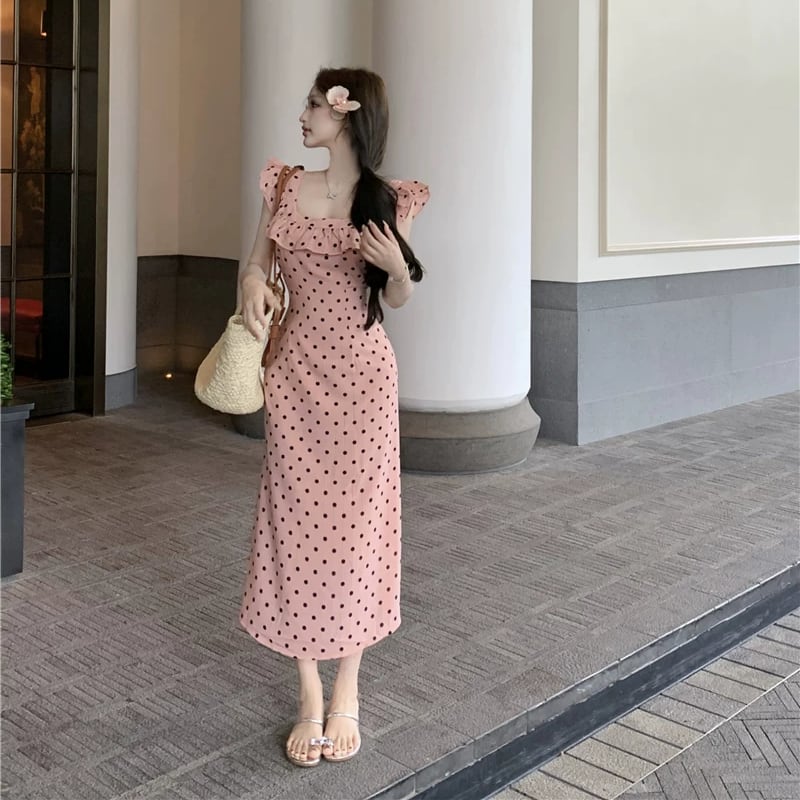 【dress】ギャザーフリルドット柄ロングワンピース Q8509
