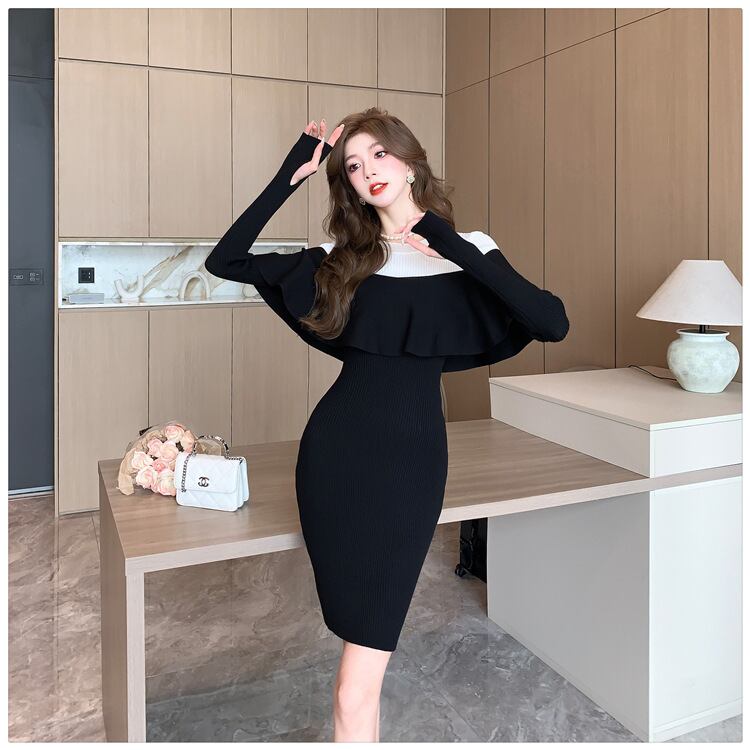 【dress】フリルドッキングニットワンピース　M18575