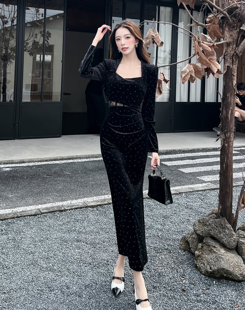 【dress】スクエアネックレースドッキングロングワンピース Q7286