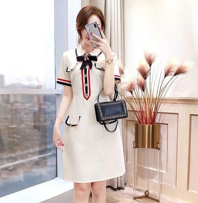 【dress】美感いっぱい2色POLOネック半袖配色韓国ファッションOL通勤ワンピースF2686