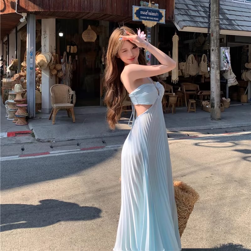【dress】ホルターネックバックオーポンロングプリーツワンピース Q8371