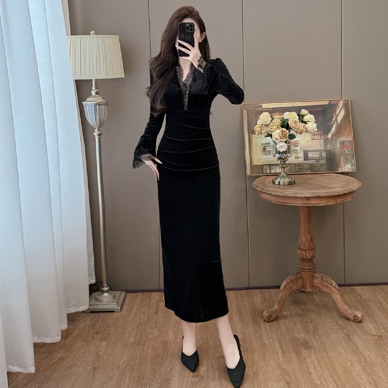 【dress】レースドッキングベルベットワンピース Q7496