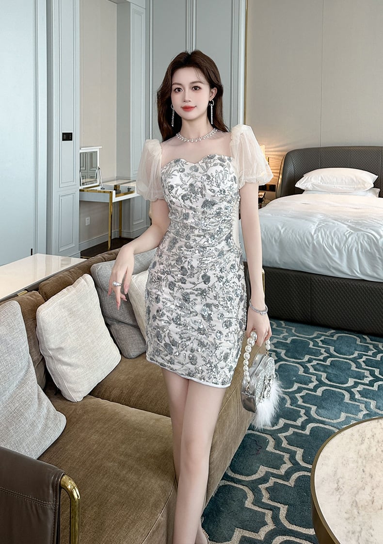 【dress】チュールパフスリーブワンピース　M24195