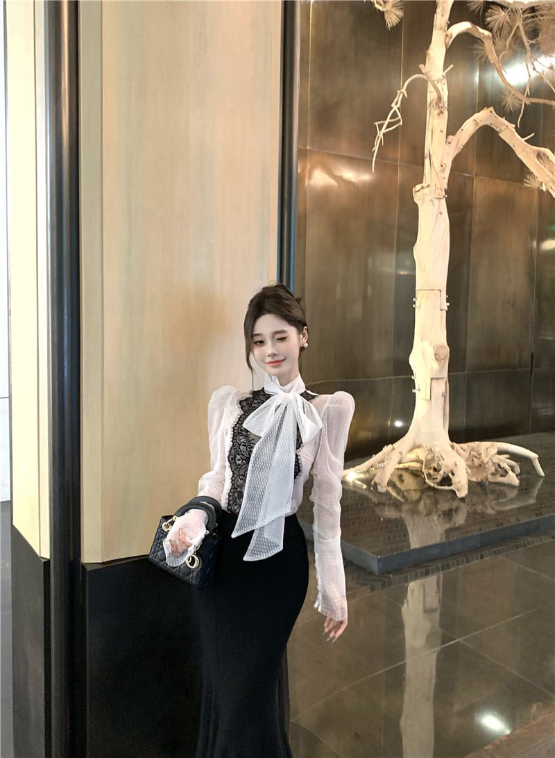 【tops】レース切り替リボン付きシャツトップス　M27164