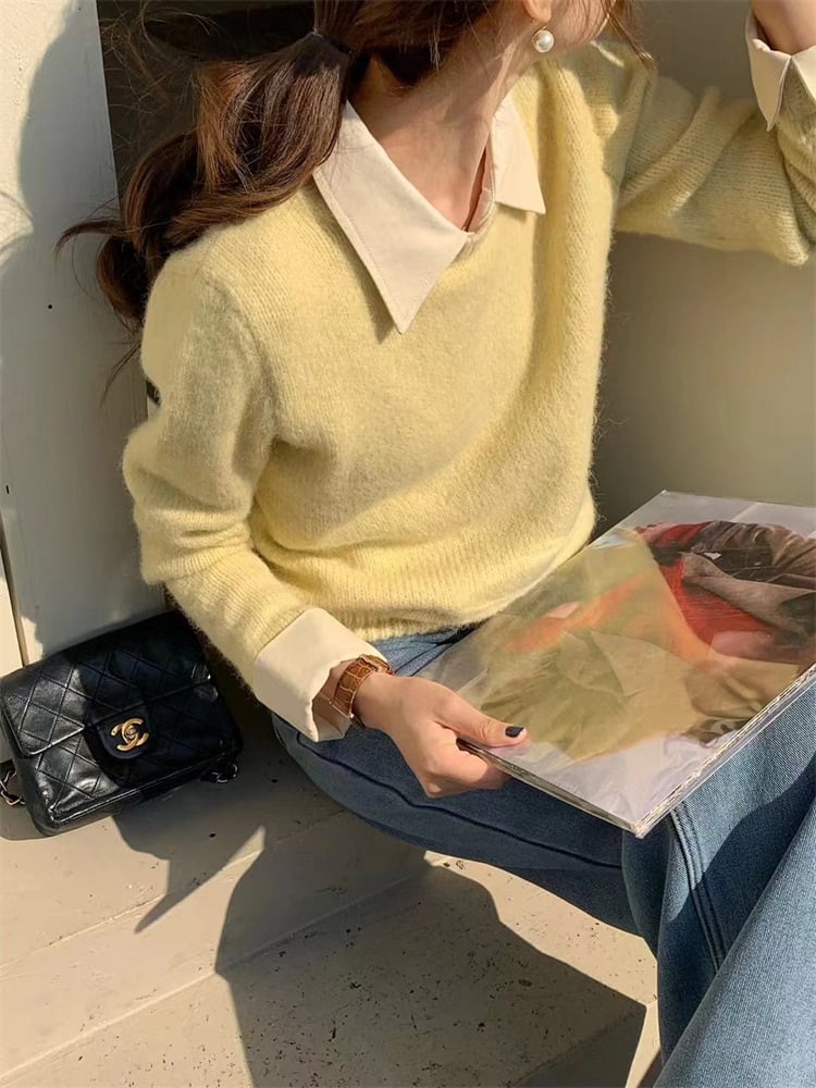 【tops】シャツ切り替えニットセーター　M25973