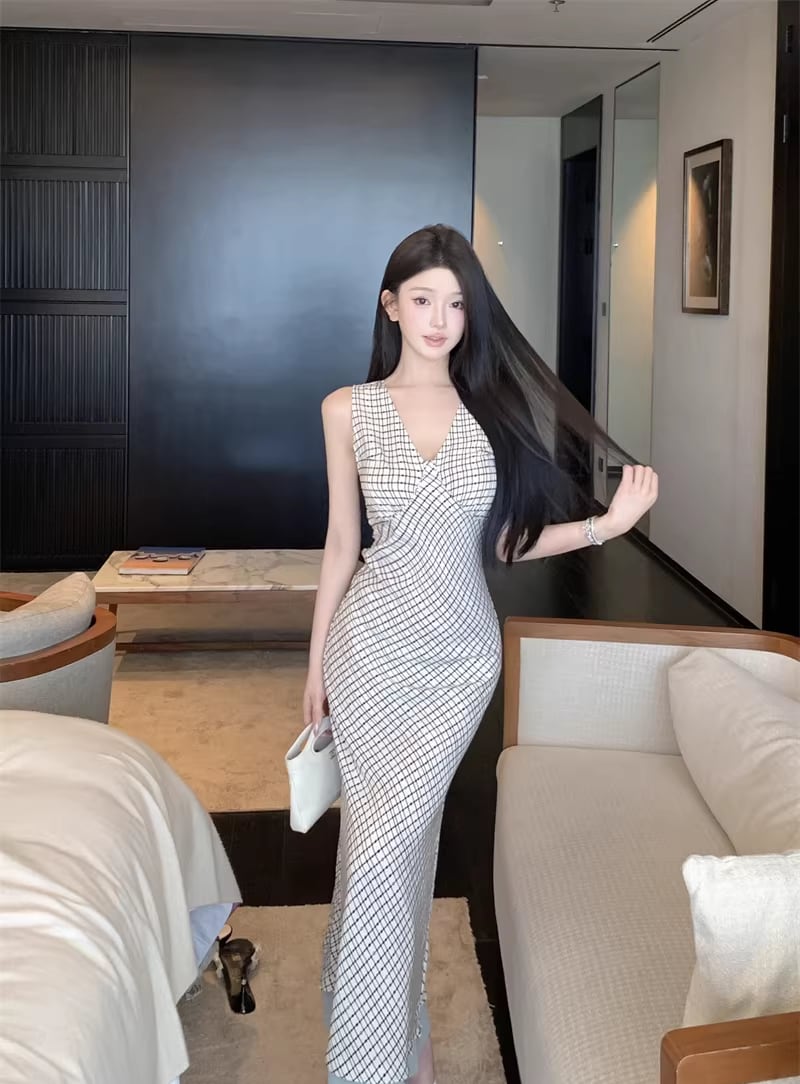 【dress】チェック柄ノースリーブロングワンピース Q8219