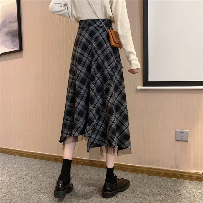 【bottoms】スウィート気質満点デザイン不規則チェック柄ハイウエストスカート