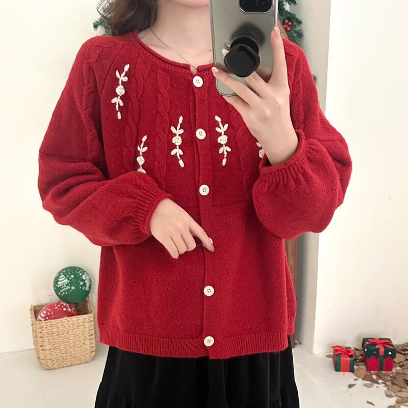 【outer】フラワー刺繡柄ニットカーディガン Q7739