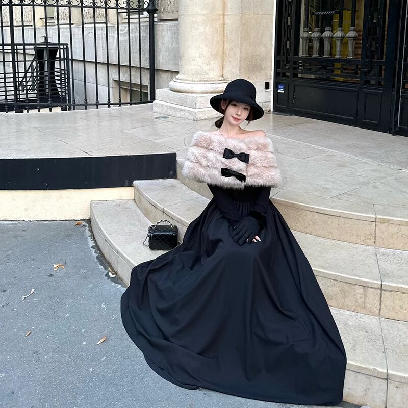 【dress】レースドッキングオフショルダーロングワンピース Q7644