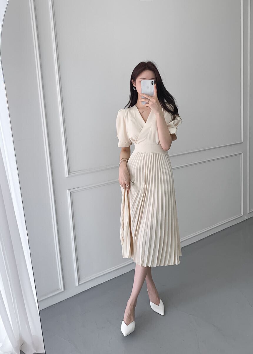 【dress】韓国風気質満点エレガントフェミニンVネックデザインハイウエストワンピースF0039