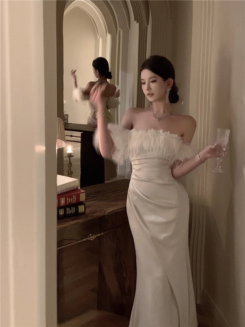 【dress】ファー付きオフショルダーワンピース Q7632
