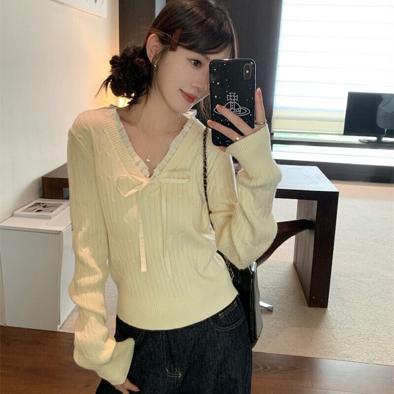 【tops】Vネックリボン付きニットトップス　M27739