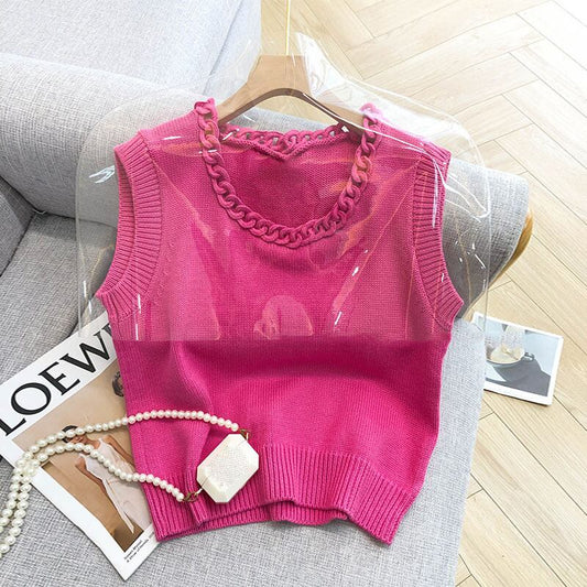 【tops】夏新作ラウンドネックノースリーブ無地透かし彫り着回しニットタンクトップF5620