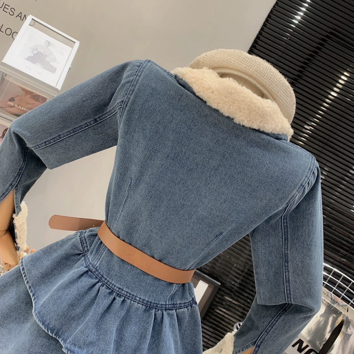 【dress】ファー付きデニムワンピース 　N2168