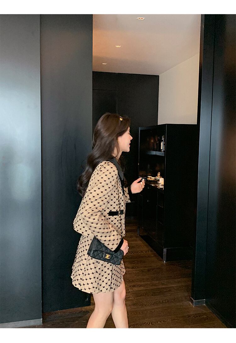 【set】気質満点チェック柄リボンアウター+スカートオシャレ２点セット G3106