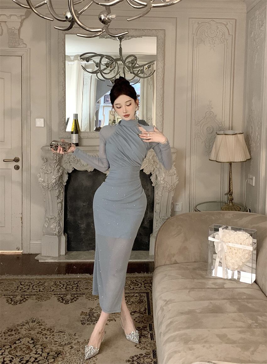 【dress】ギャザーメッシュタイトワンピース G20643