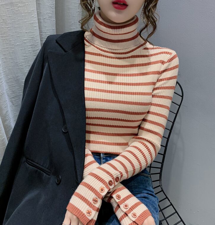 【tops】一目惚れ！4色ハイネック長袖体型カバーボーダー柄ファッションニットセーターF1046