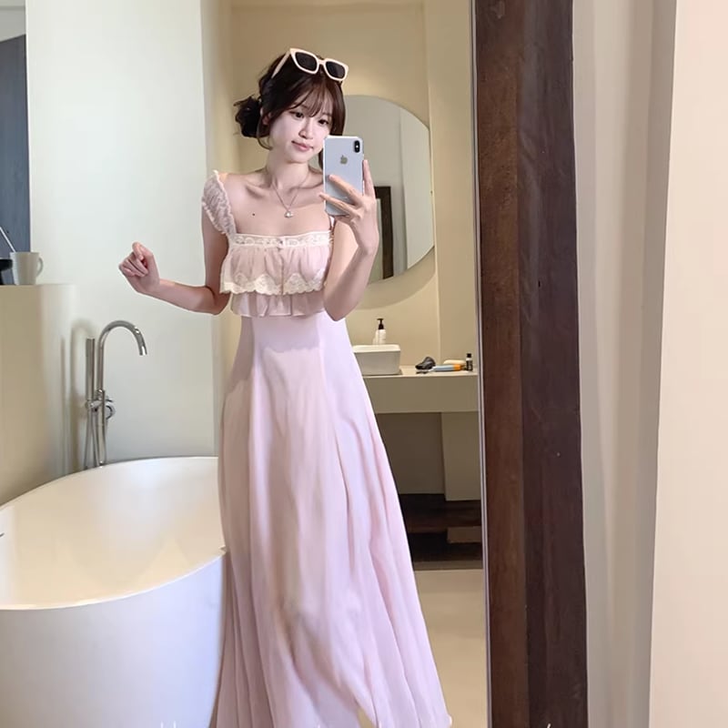 【dress】レースフリルロングキャミワンピース Q8465