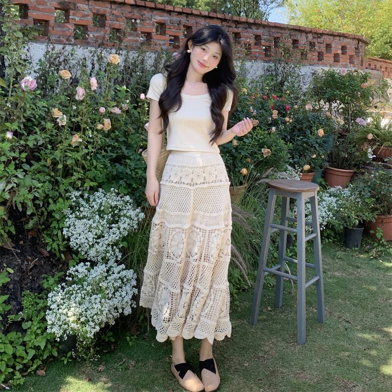 【set】トップス+レース透かし彫りスカート２点セットG21098