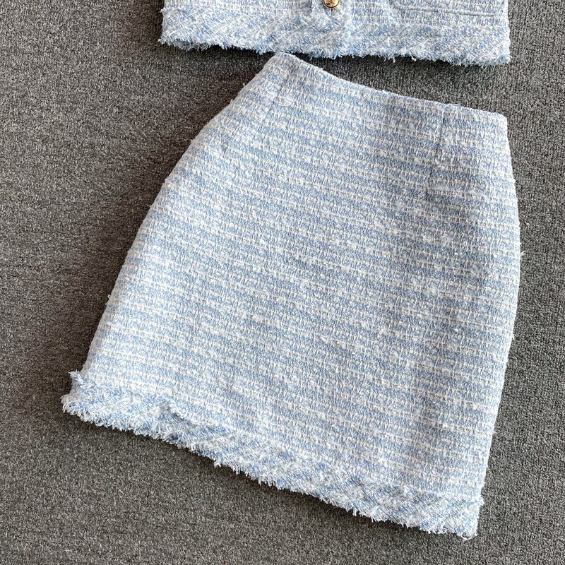 【set】高級感溢れる?3色ラウンドネックトップス+タイトスカートOL通勤セットアップF5647