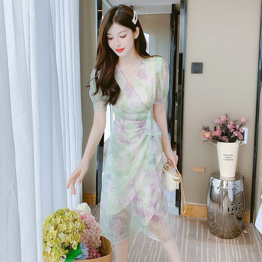 【dress】Vネックシフォン花柄ワンピース G21274