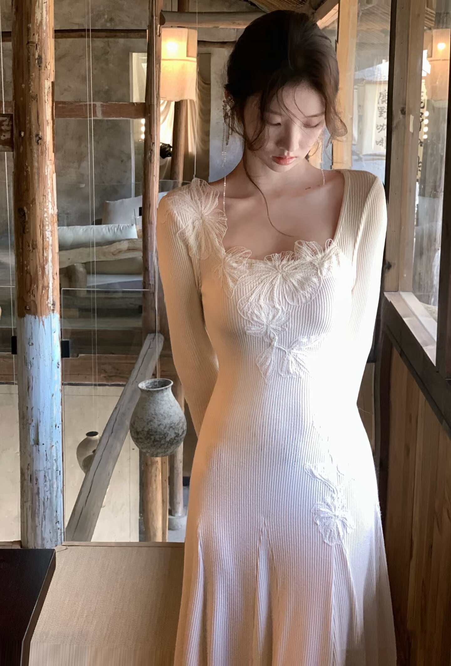 【dress】レーストリミングニットワンピース　N3465