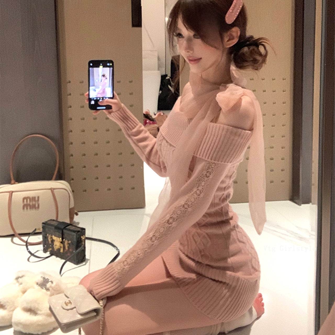 【dress】チュールドッキングリボンニットワンピースF8471