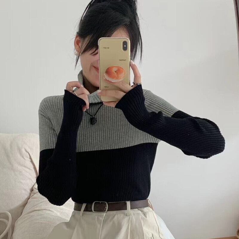 【tops】配色ハイネックニットプルオーバー　M18923