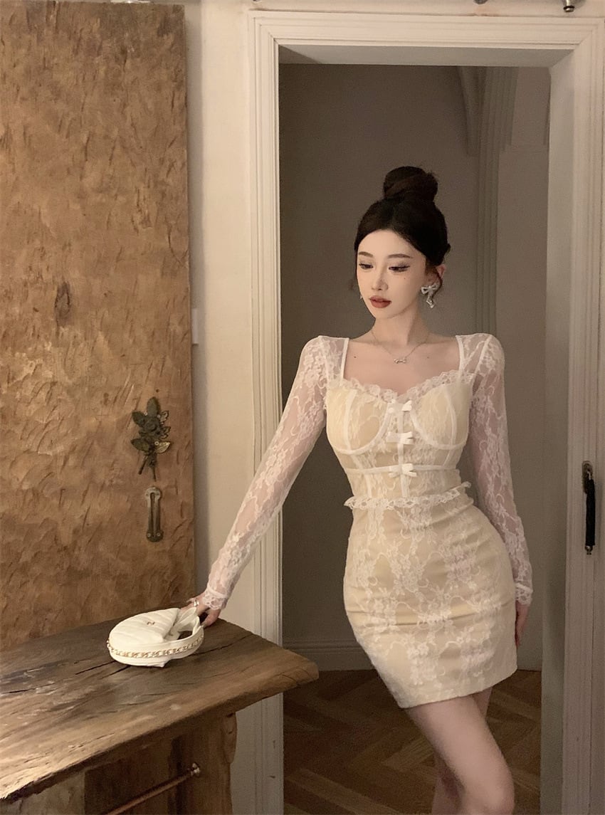 【dress】リボン付きレース切り替えワンピース　M26395