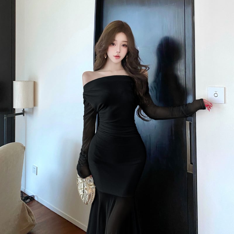 【dress】オフショルダーチュールドッキングワンピース Q7885