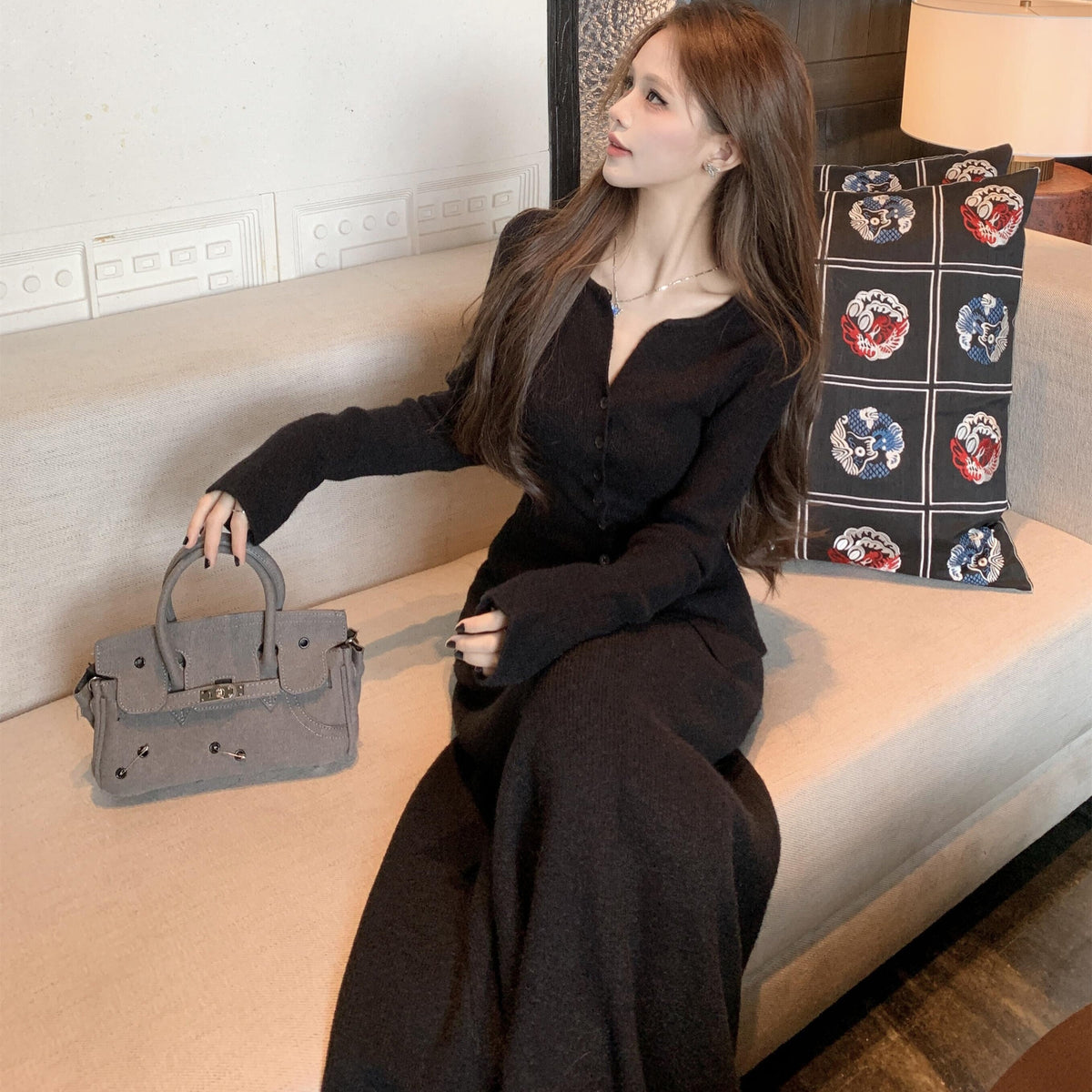 【set】Ⅴネックニットカーディガン×ロングスカートセット　N2764