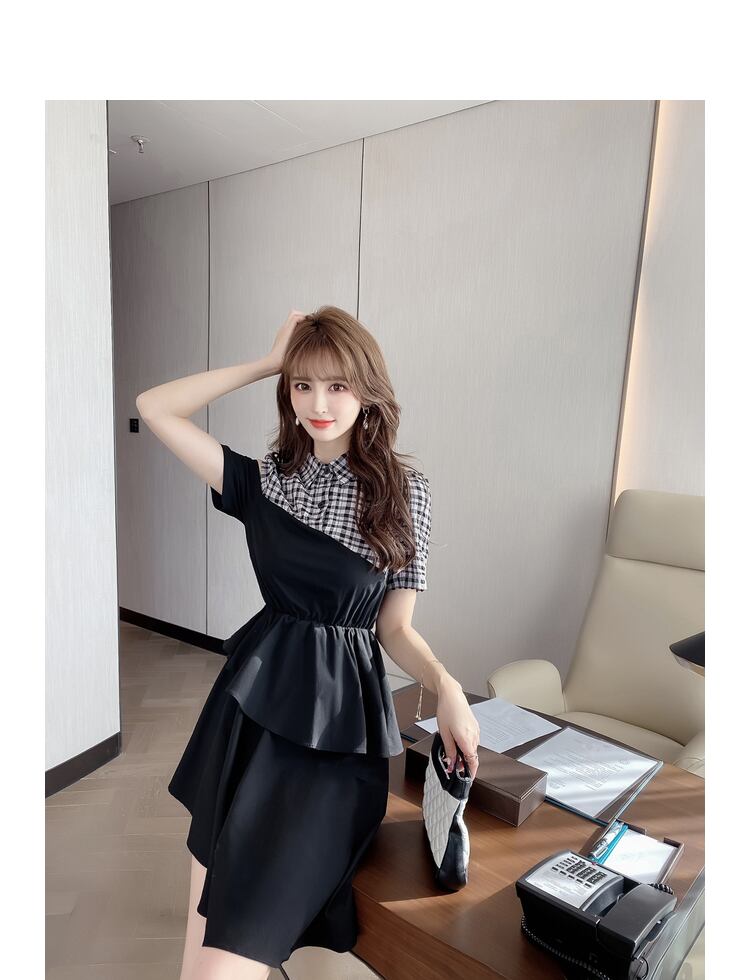 【dress】高級感!気質満点OL通勤POLOネック切り替えチェック柄ワンピースF0033