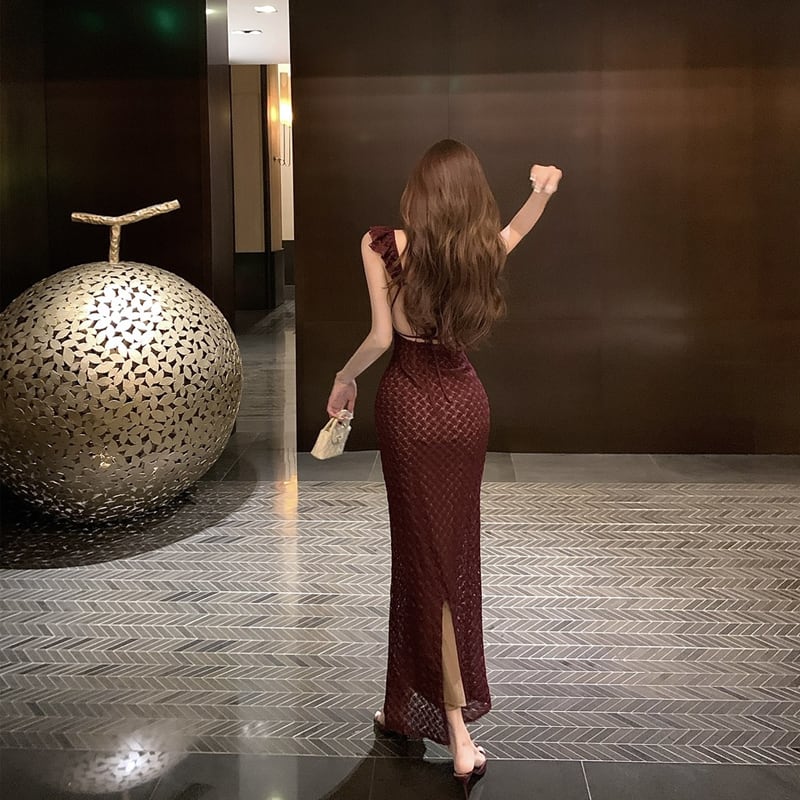 【dress】Vネックストラップバックロングワンピース Q8039