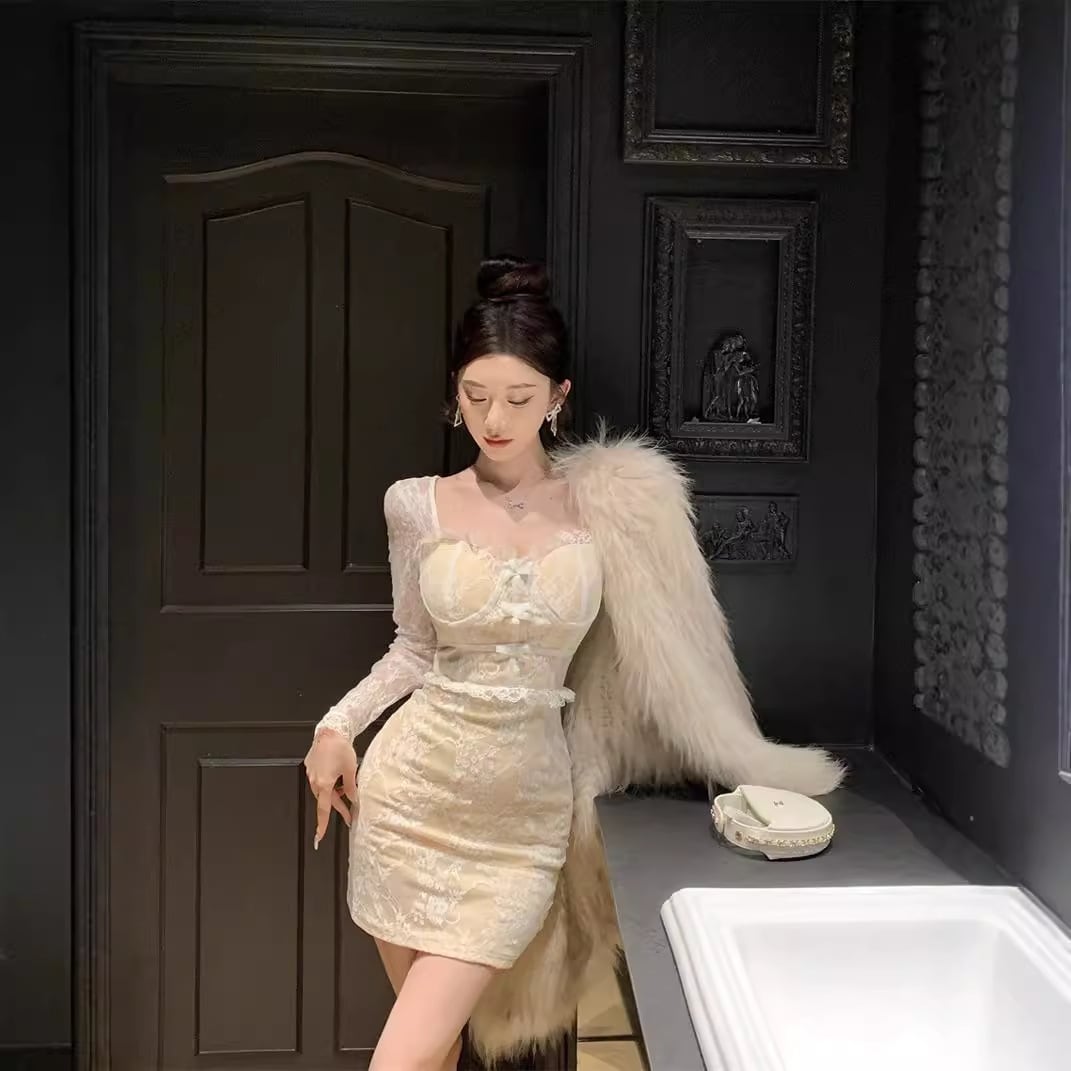 【dress】リボン付きレース切り替えワンピース　M26395