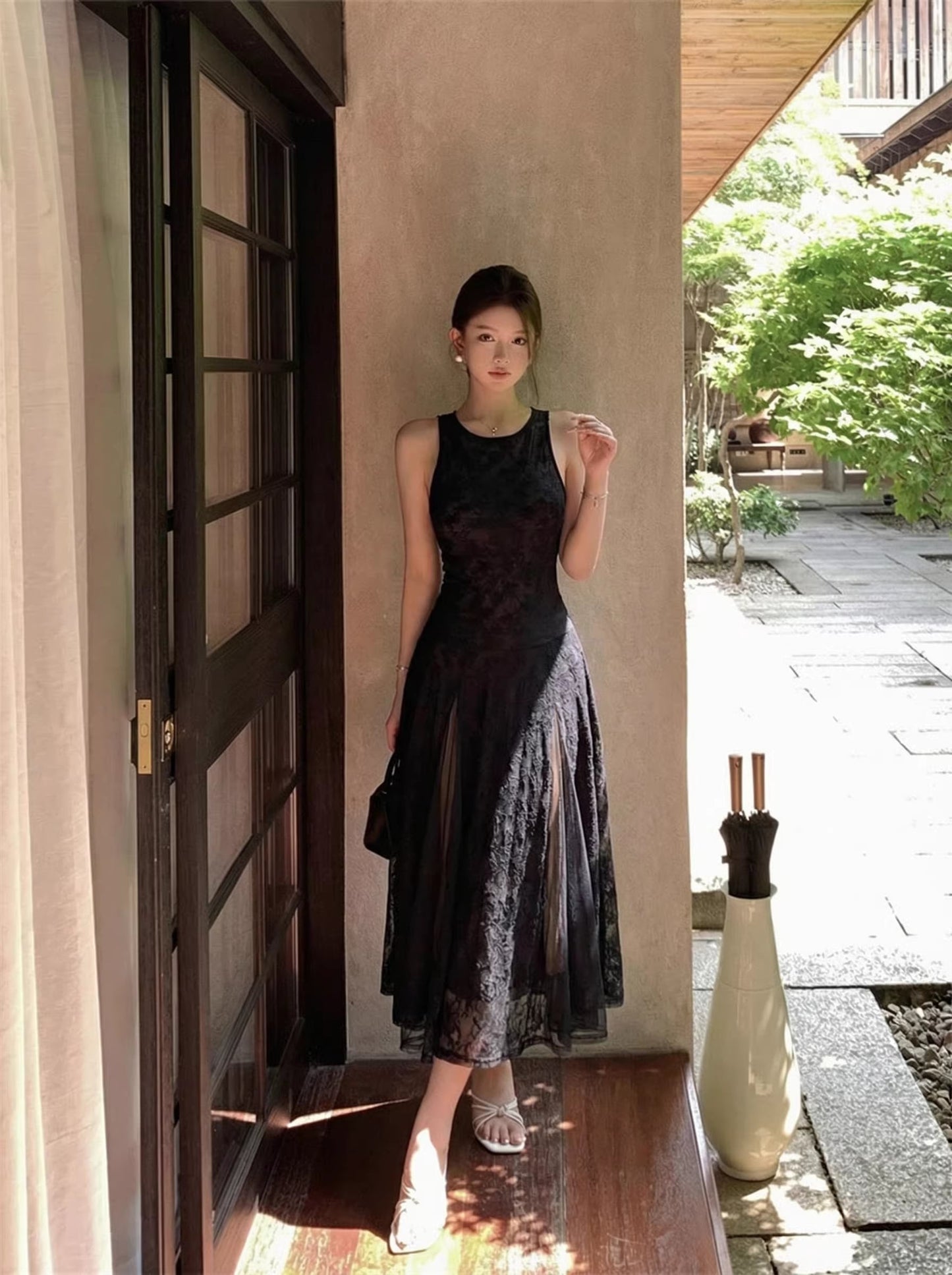 【dress】ノースリーブレースロングワンピース Q8273