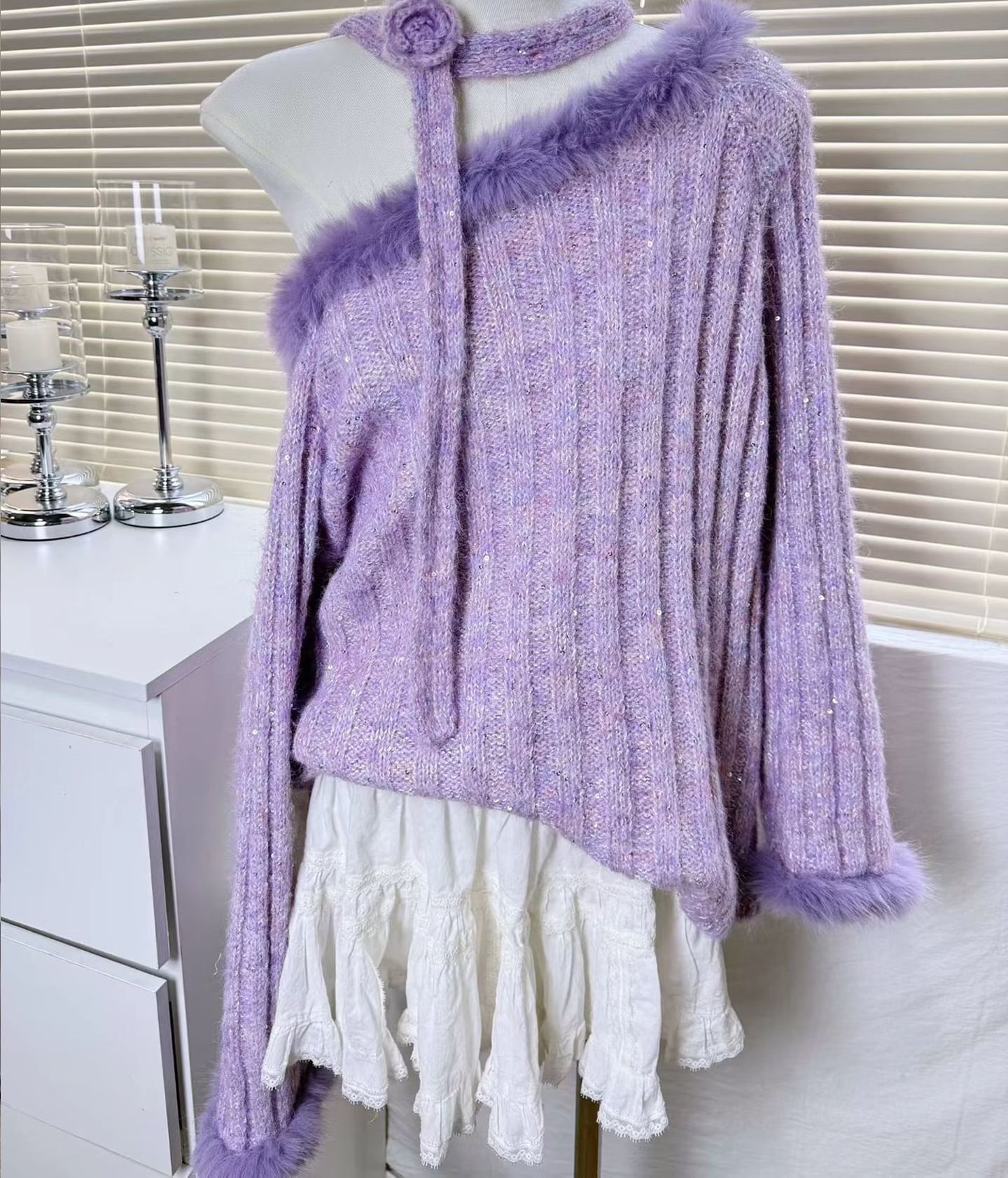 【tops】ファー付きニットトップス Q6954