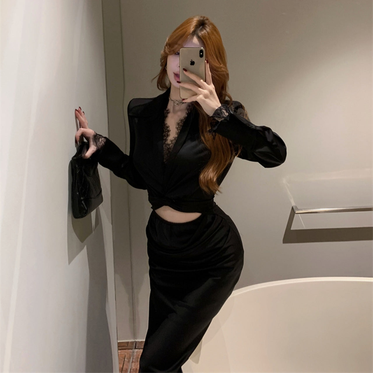 【dress】レース切り替えウエストリボンワンピースF8139　