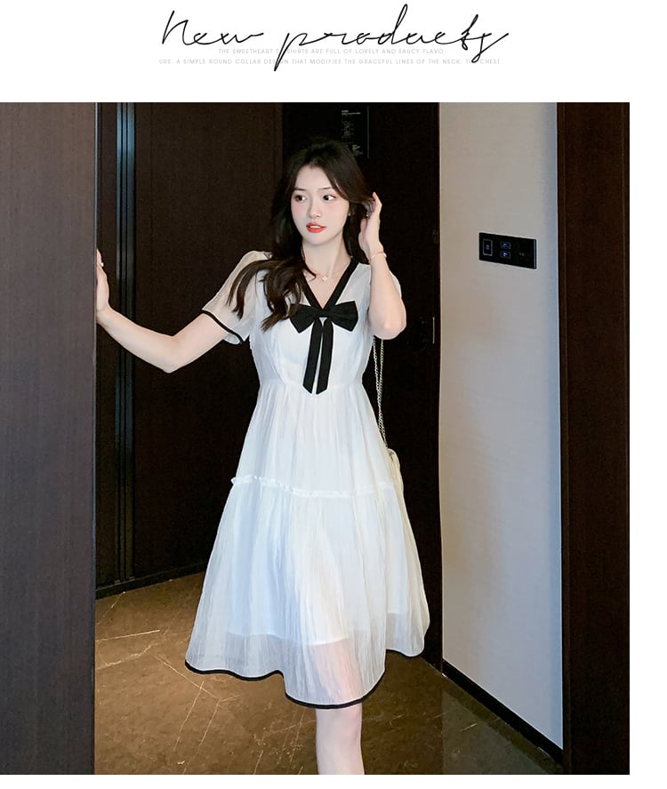 【dress】Vネックリボンシフォンワンピース G20932