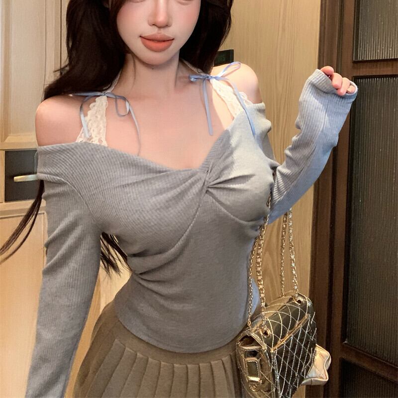 【tops】レース切り替えニットトップス　M29546
