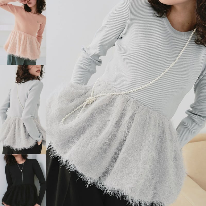 【tops】ペプラムシャギードッキングニットトップス　M28684