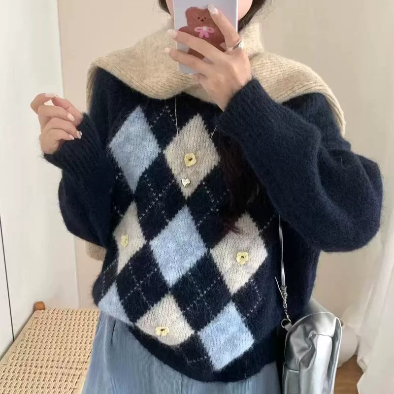 【tops】アーガイルチェックニットトップス Q7145