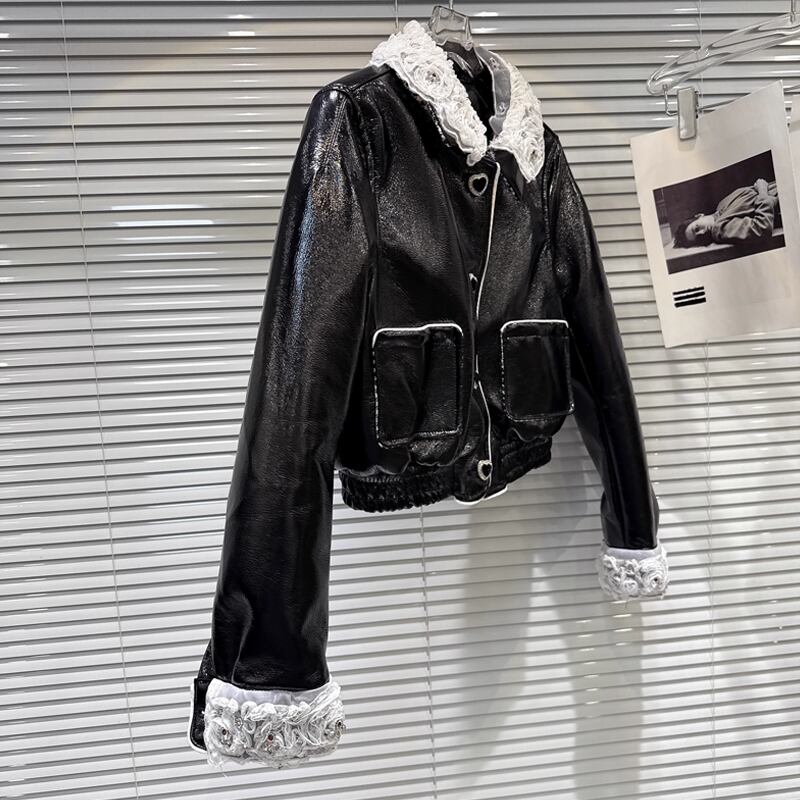 【outer】レースドッキングPU中綿ジャケット Q7336