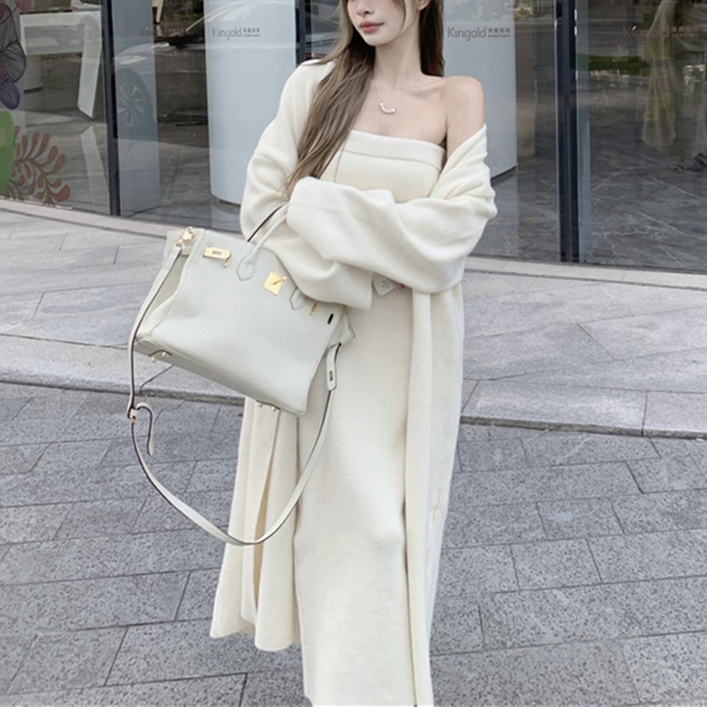 【set】ロング丈カーディガン×ベアトップワンピースセット　N2799