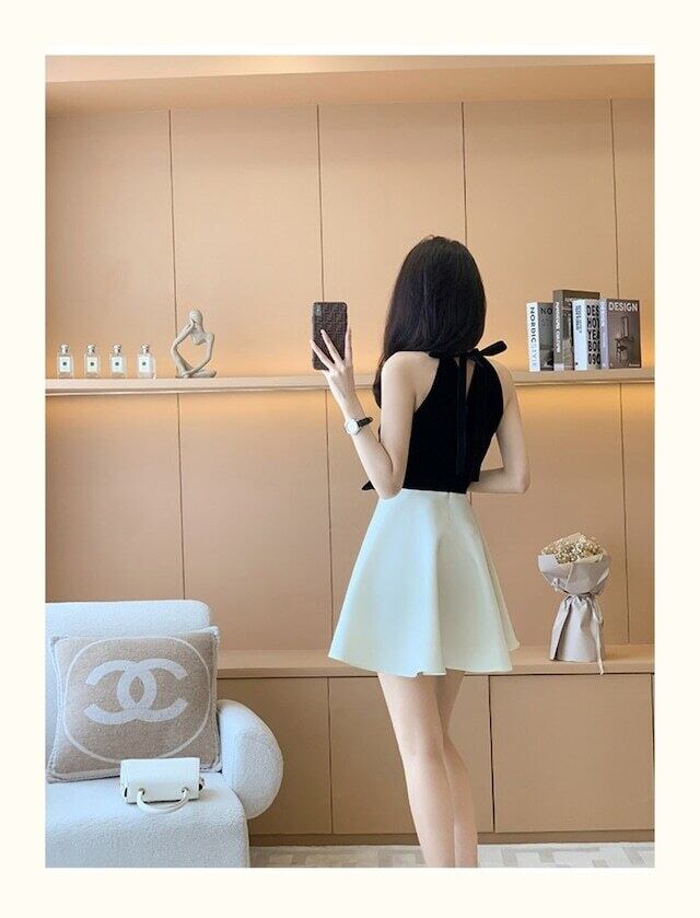 【dress】オシャレ度満点〜OL通勤ホルターネックノースリーブ配色切り替えAラインワンピースF5509