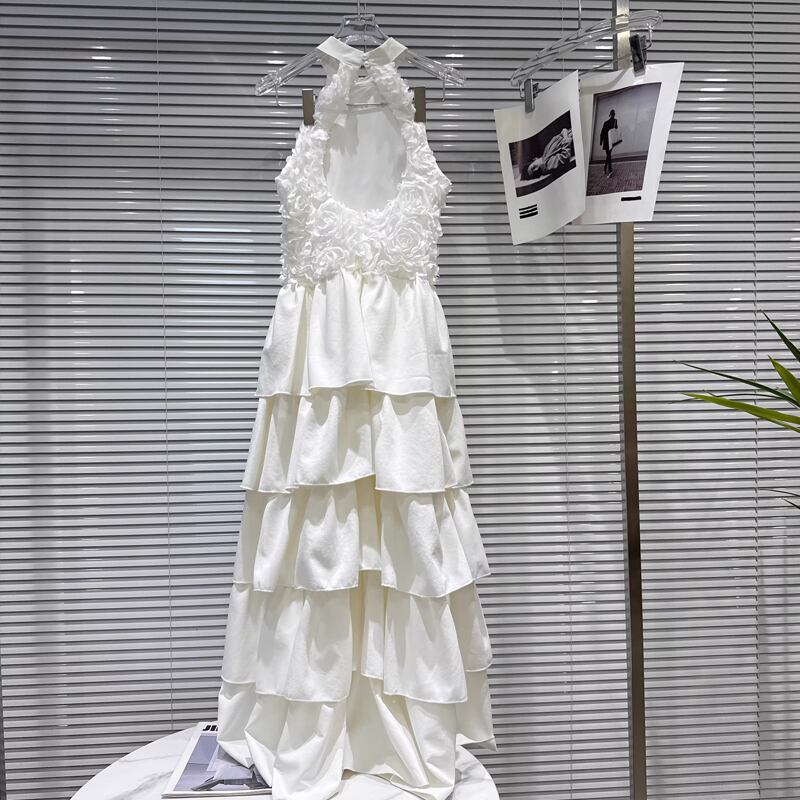 【dress】ホルターネックロングティアードワンピース Q8101
