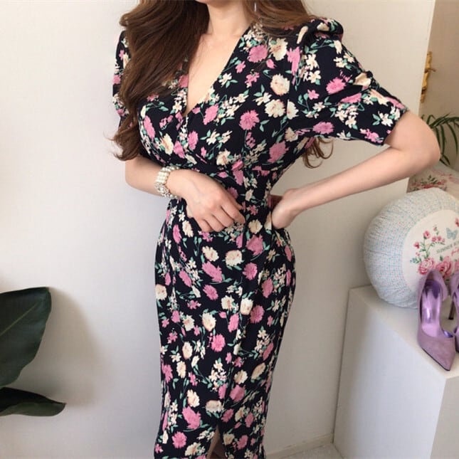 【dress】花柄スリットワンピース　M24720